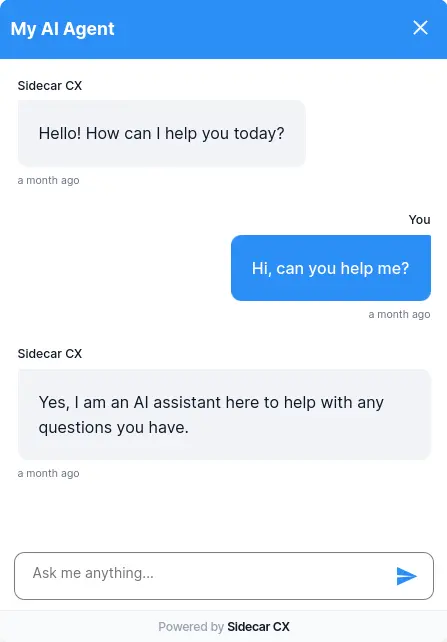 Hero image showing a sample chat between a user and an AI agent