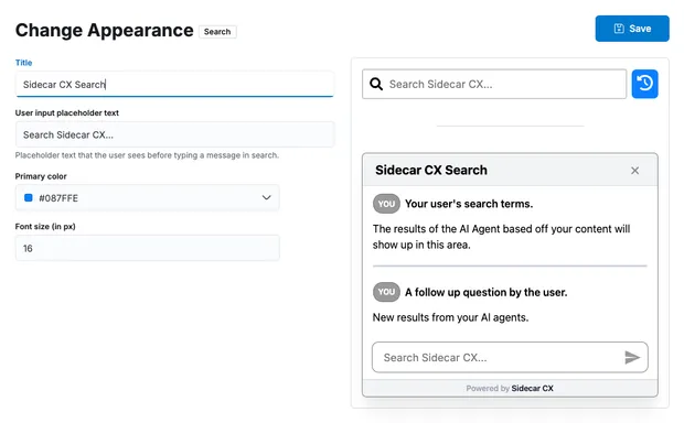 Image of the form to update the AI Agent search appearance.