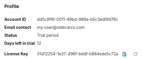 Sample image of the Profile section with the  License Key.