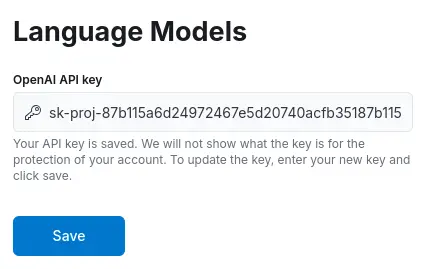 Sample image of form to add a large language model with the Save button.